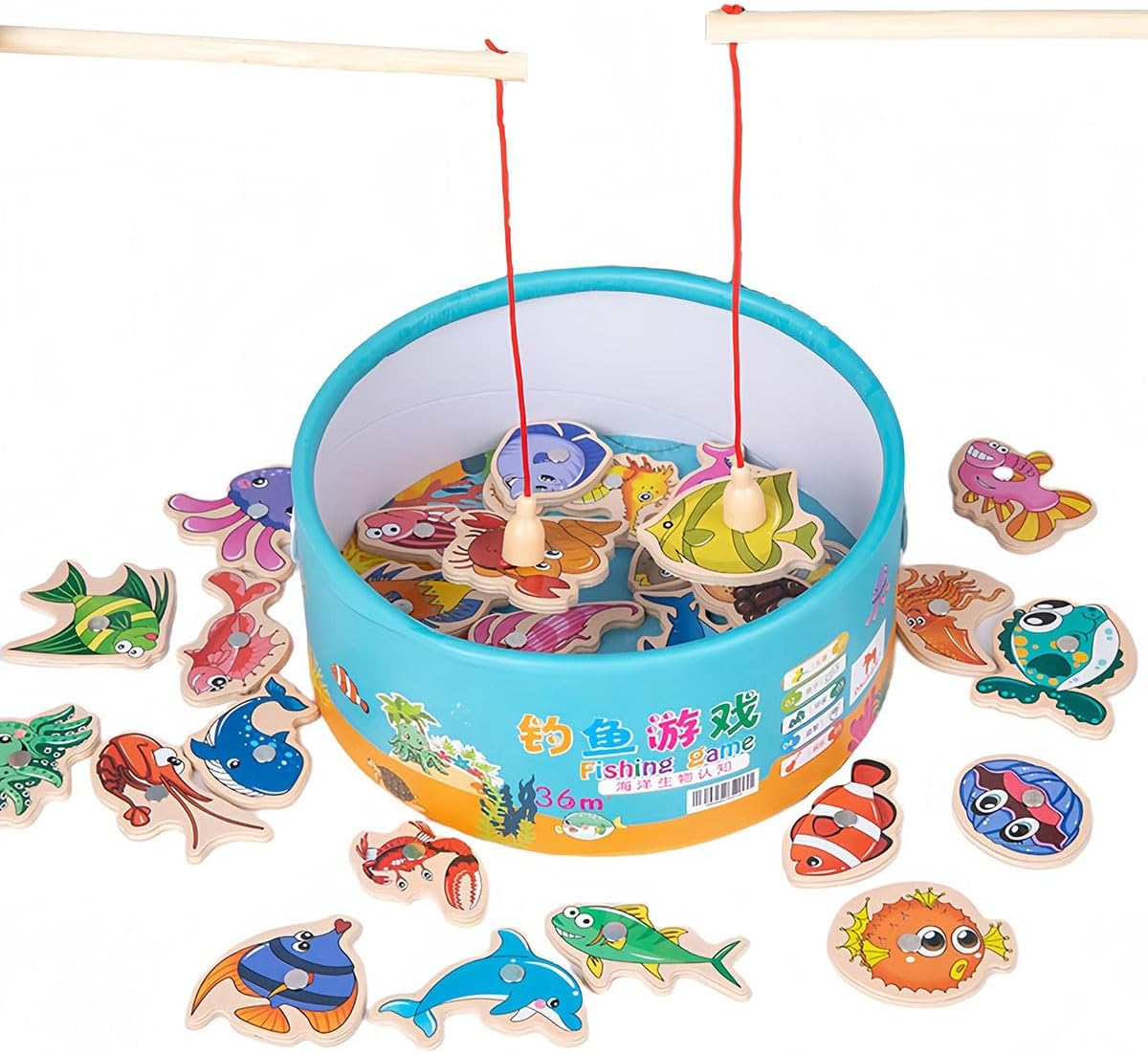44 Pieces Magnetic Fishing Game for Kids Wooden Magnet Fishing Game Wooden Magnetic Toys for Kindergarten Preschool Girl Boy