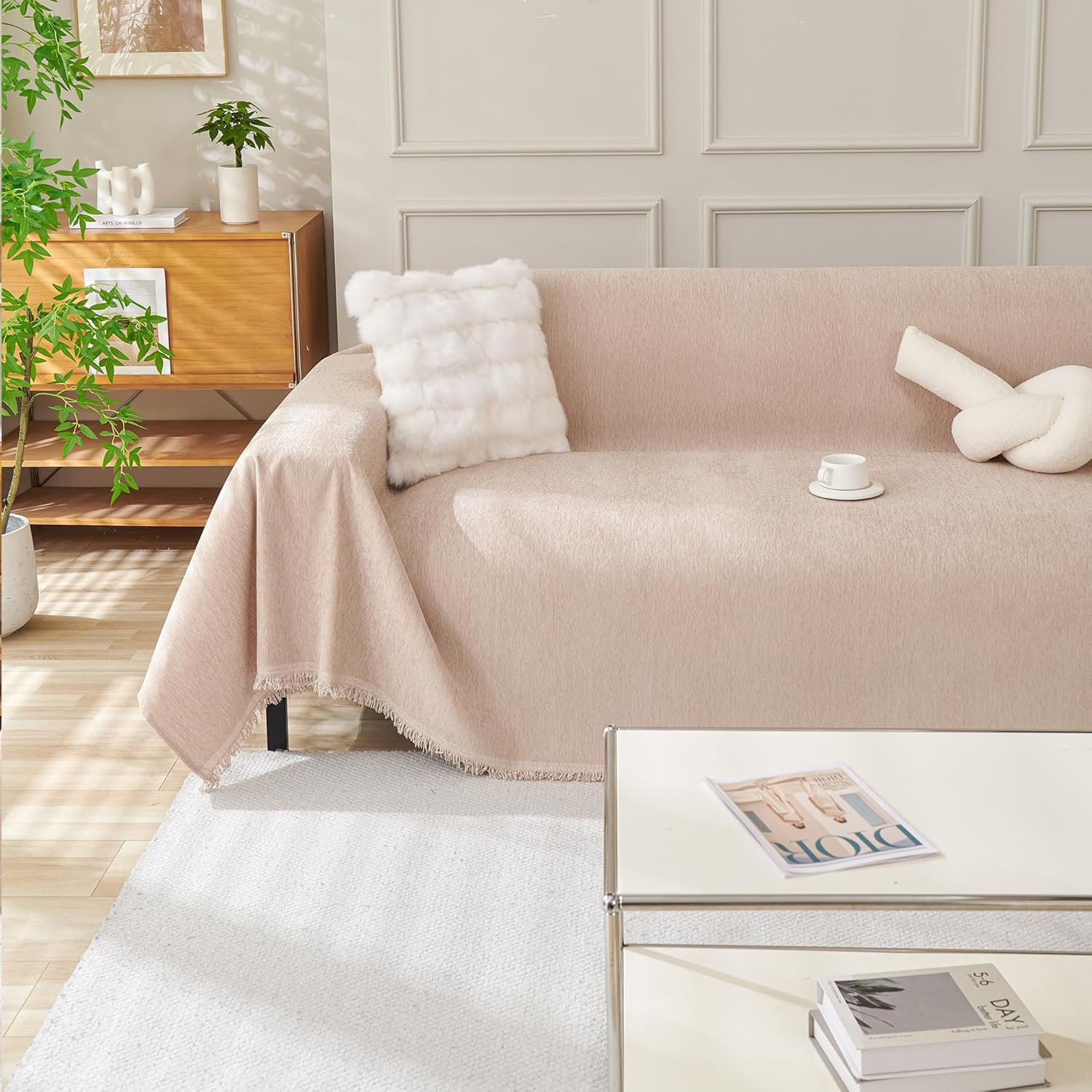 Couch Covers for Dogs, Chenille Sofa Cover,L-Shape Sofa Slipcovers - Washable Sectional Protector, Non-Slip Furniture Covers with Tassel, Boho Style Pet-Friendly (Khaki, L(180Cm*300Cm)) image number 6