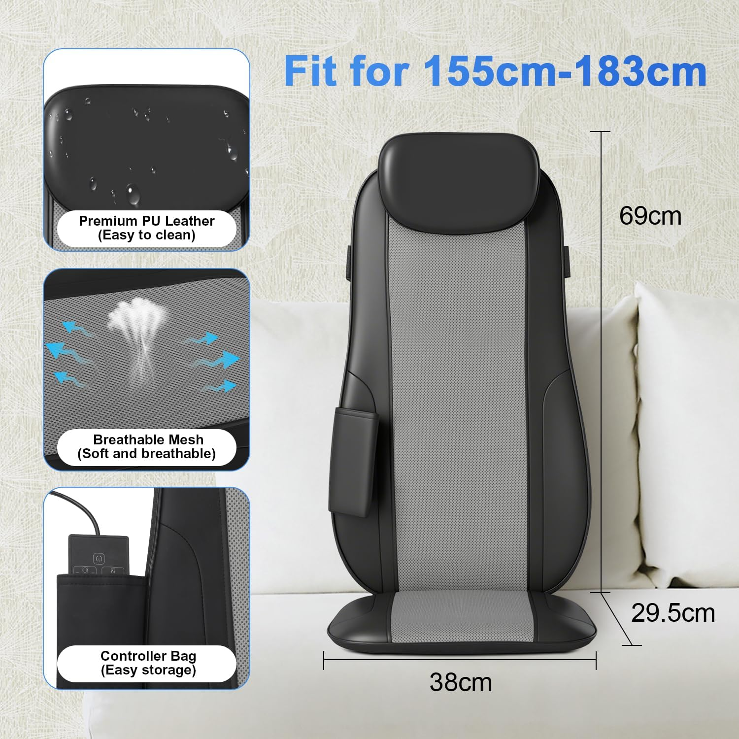 Shiatsu Back Massager Cushion with Heat, Massage Chair Pad with Height Adjustment, Full Back Kneading Shiatsu or Rolling Massage, Gifts for Men, Women image number 2