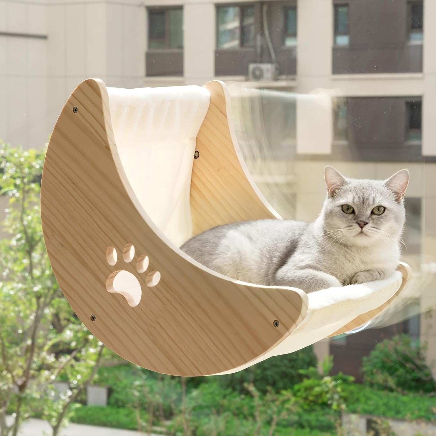 Cat Window Perch Hammock, Wooden Moon Cat Shelves with Strong Suction Cups for Indoor Cats Sleep Watch Birds, Soft Cover Mat image number 4