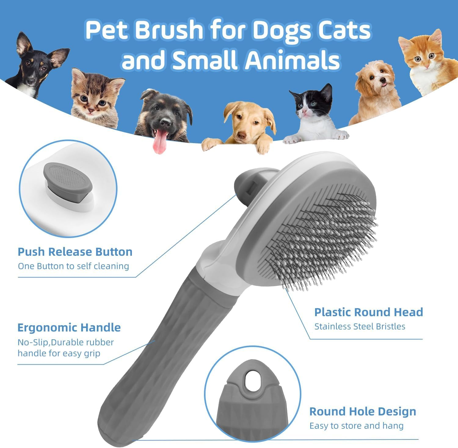 Cat Grooming Brush, Self-Cleaning Slicker Brush for Pets - One Button Removes Loose Undercoat, Mats and Tangled Hair from Indoor Cats (Gray) image number 1