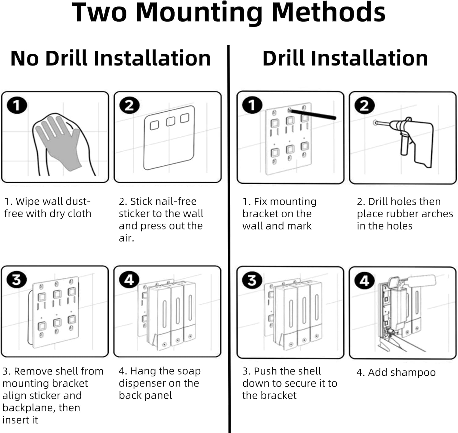 FORYUSE Shower Soap Dispenser Shampoo Conditioner Wall Mounted No Drill Body Wash Dispenser 3 Chamber for Home Bathroom Hotel 3 X 400Ml Large Capacity Black image number 1