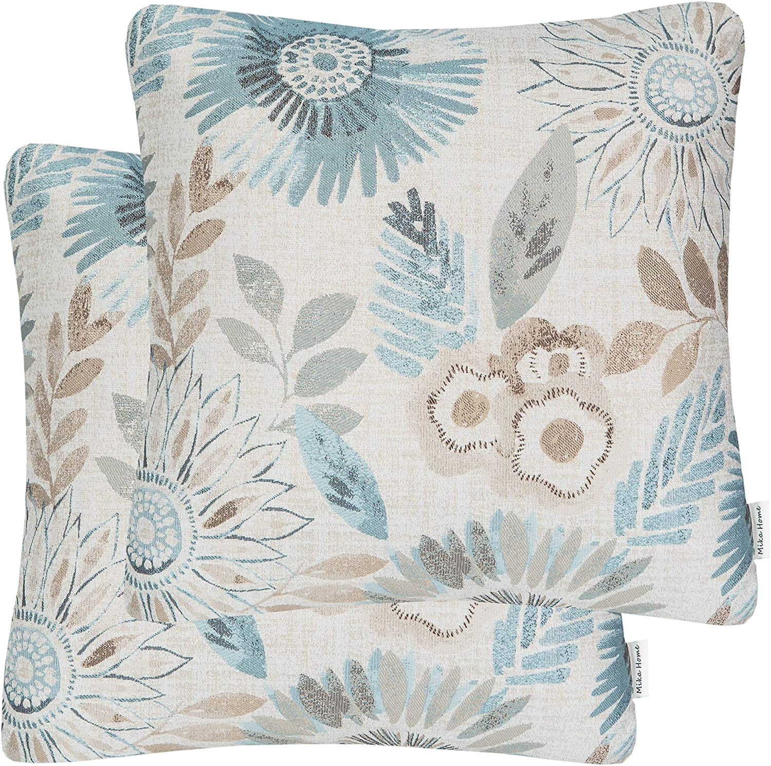 Mika Home Pack of 2 Decorative Throw Pillows Cases Cushion Cover for Sofa Couch Bed,Sunflower Pattern,20X20 Inches,Blue Cream image number 3