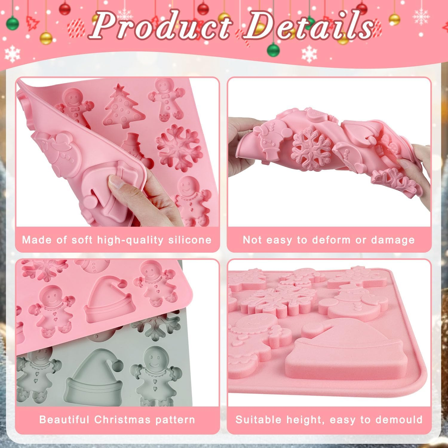 Christmas Silicone Mould, 2 Pieces Christmas Silicone Mould, 6 Different Designs, Silicone Moulds Christmas, Silicone Baking Mould Christmas for Muffins, Cakes, Chocolate, Soap, Sweets image number 4