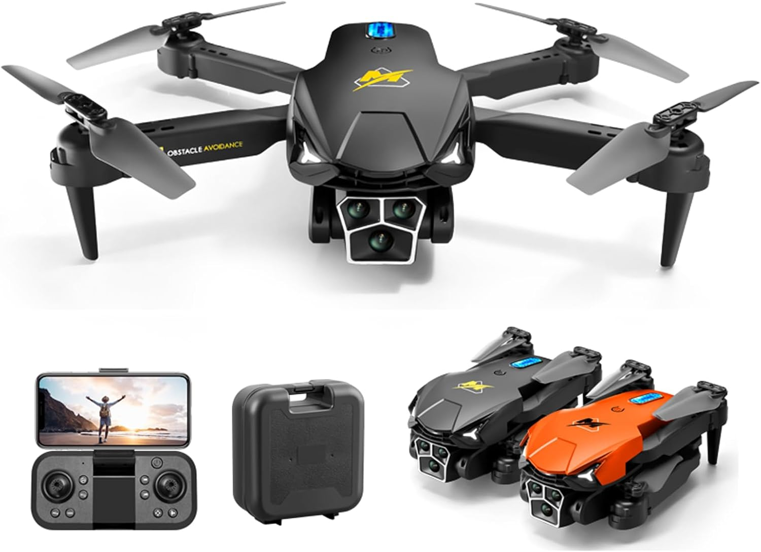 Obstacle Avoidance Optical Flow Location Wifi FPV with 3 HD Camera Altitude Hold Mode Foldable RC Drone Quadcopter with Carry Case & 3 Batteries (Black)