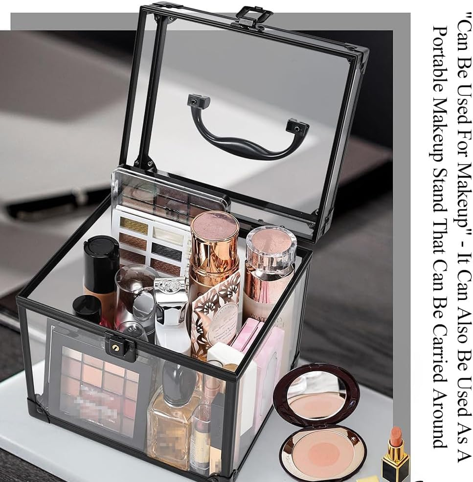 Portable Makeup Box, Aluminium Beauty Cases, Acrylic Display Case, Toiletry Cosmetic Box, Transparent Case, Travel Makeup Tools Container, with Latches and Handle, Black image number 4