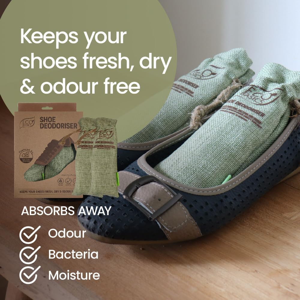 Eco Basics Shoe Deodoriser Twin Pack &ndash; 18X6X4 Cm. Bamboo Charcoal Absorbs Moisture, Bacteria, and Odours. Reusable by Sun Exposure. Lasts 1 Year; Eco-Friendly Compostable Charcoal for Garden Use. image number 5