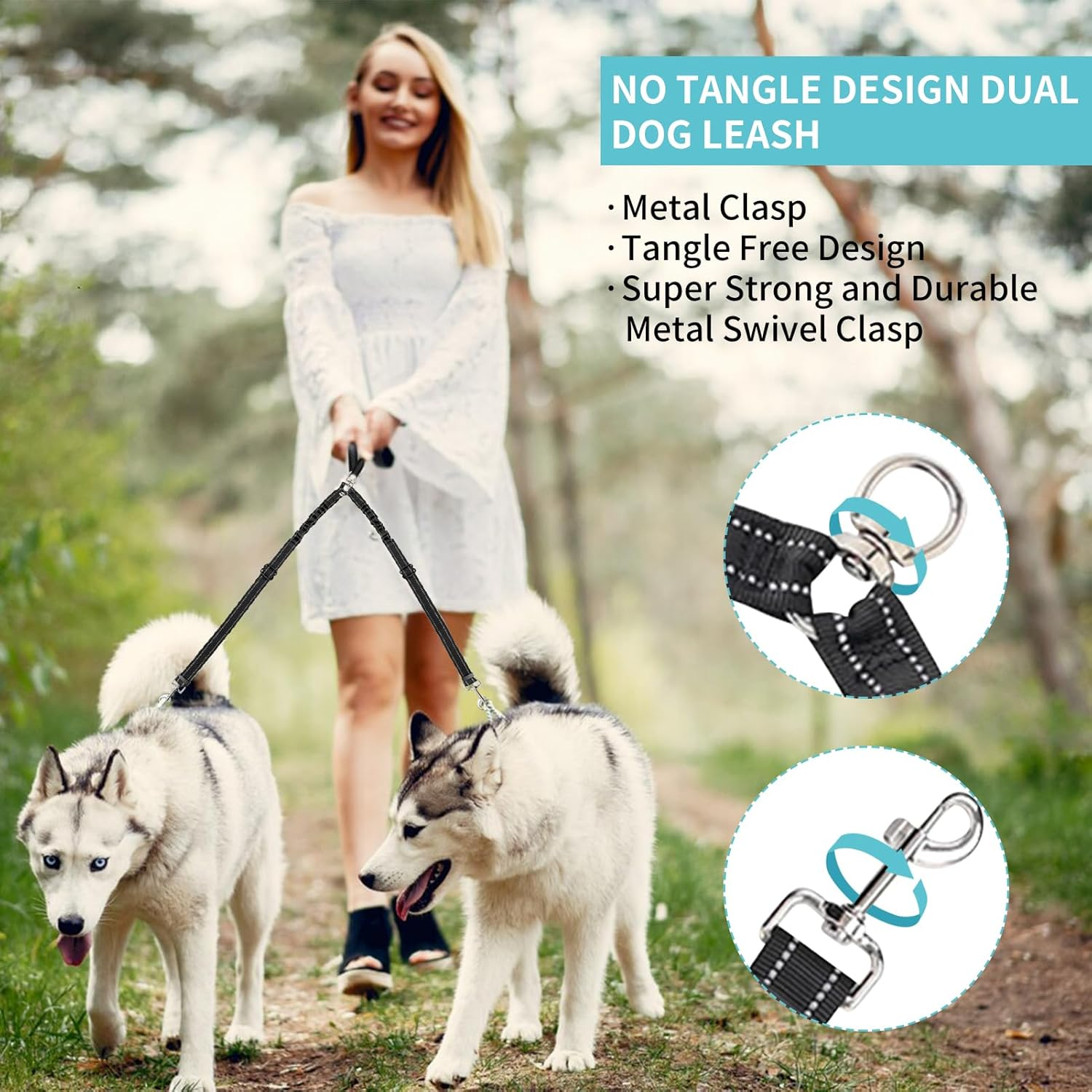 Double Dog Lead Coupler, No Tangle 360&deg;Swivel Rotation with 2 Splitter, Heavy Duty Dog Leash Coupler Adjustable Shock Absorbing Bungee Reflective Dual Lead for Puppy Small Medium Dogs image number 3