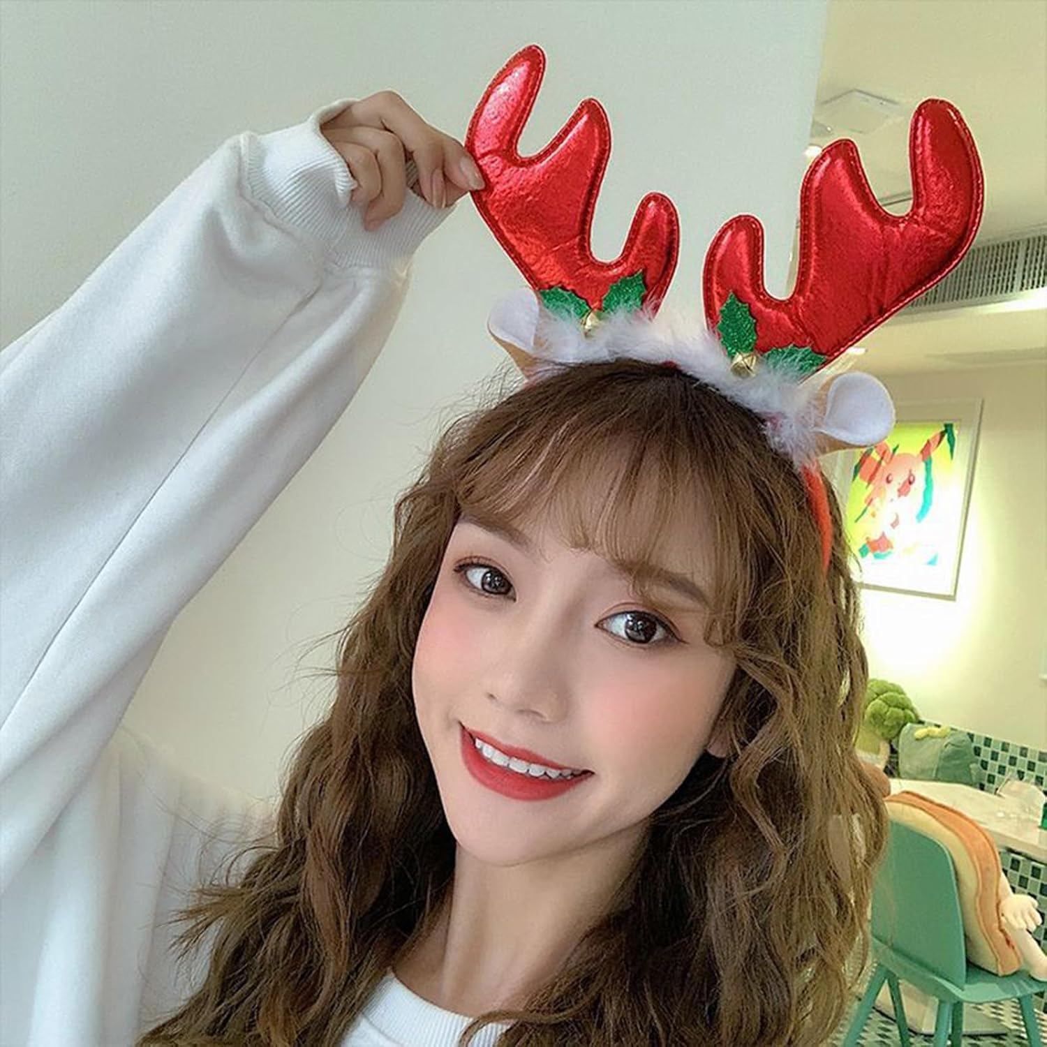 Red Antler Headband with Deer Ears for Christmas Party, Reindeer Antlers Headwear Accessory for Women Men Kids, Holiday Cosplay Photo Props Gift (1 Pcs) - Orevan image number 5