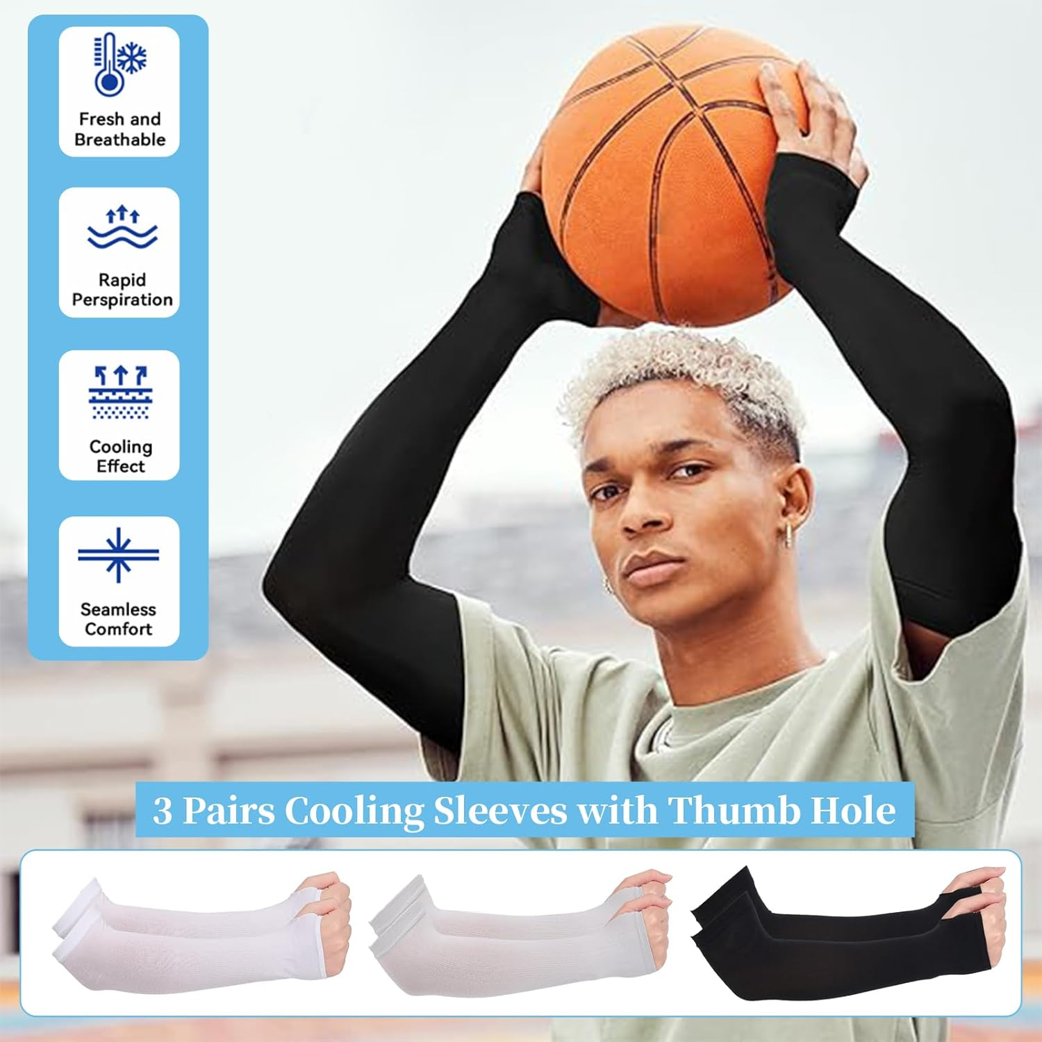 3 Pairs Cooling Sleeves with Thumb Hole, UPF50+ UV Sun Protection Sleeves, Compression Cooling Sleeve to Cover Arm Tattoo, Men Women Arm Sleeves for Cycling Sport Running Driving Basketball image number 2
