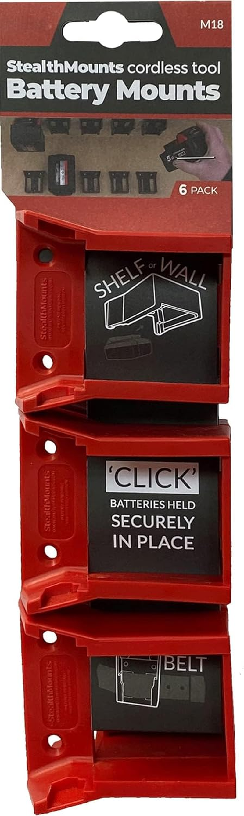 Stealthmounts Milwaukee Battery Holders M18 | Milwaukee M18 Battery Mounts for Milwaukee Power Tools | 6 Pack | Red Milwaukee M18 Battery Organizers image number 3