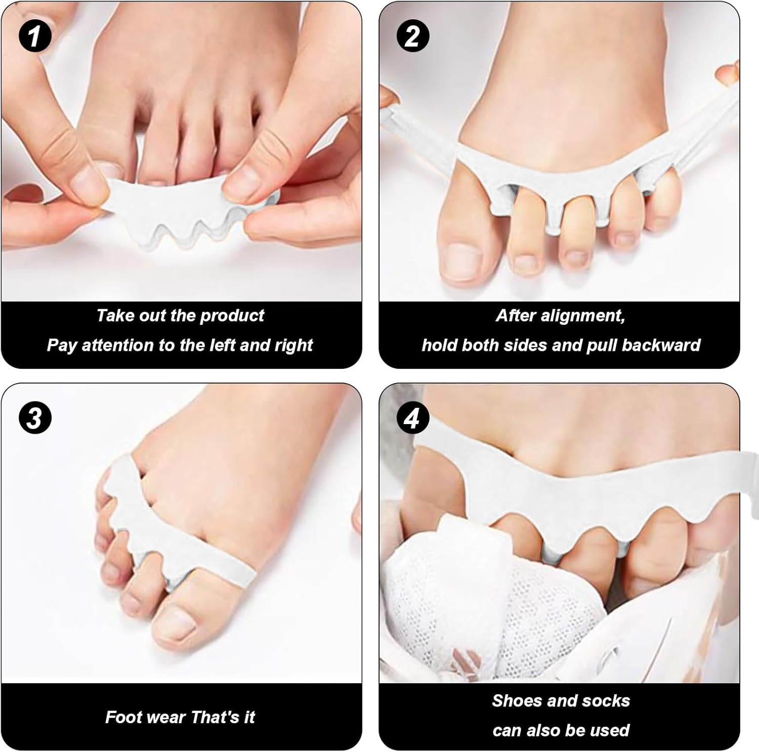 2 Pairs Soft Gel Toe Separators Bunion Corrector Toe Straightener Toe Spacers Big Toe Stretcher for Pain Relief (Black+White) image number 3