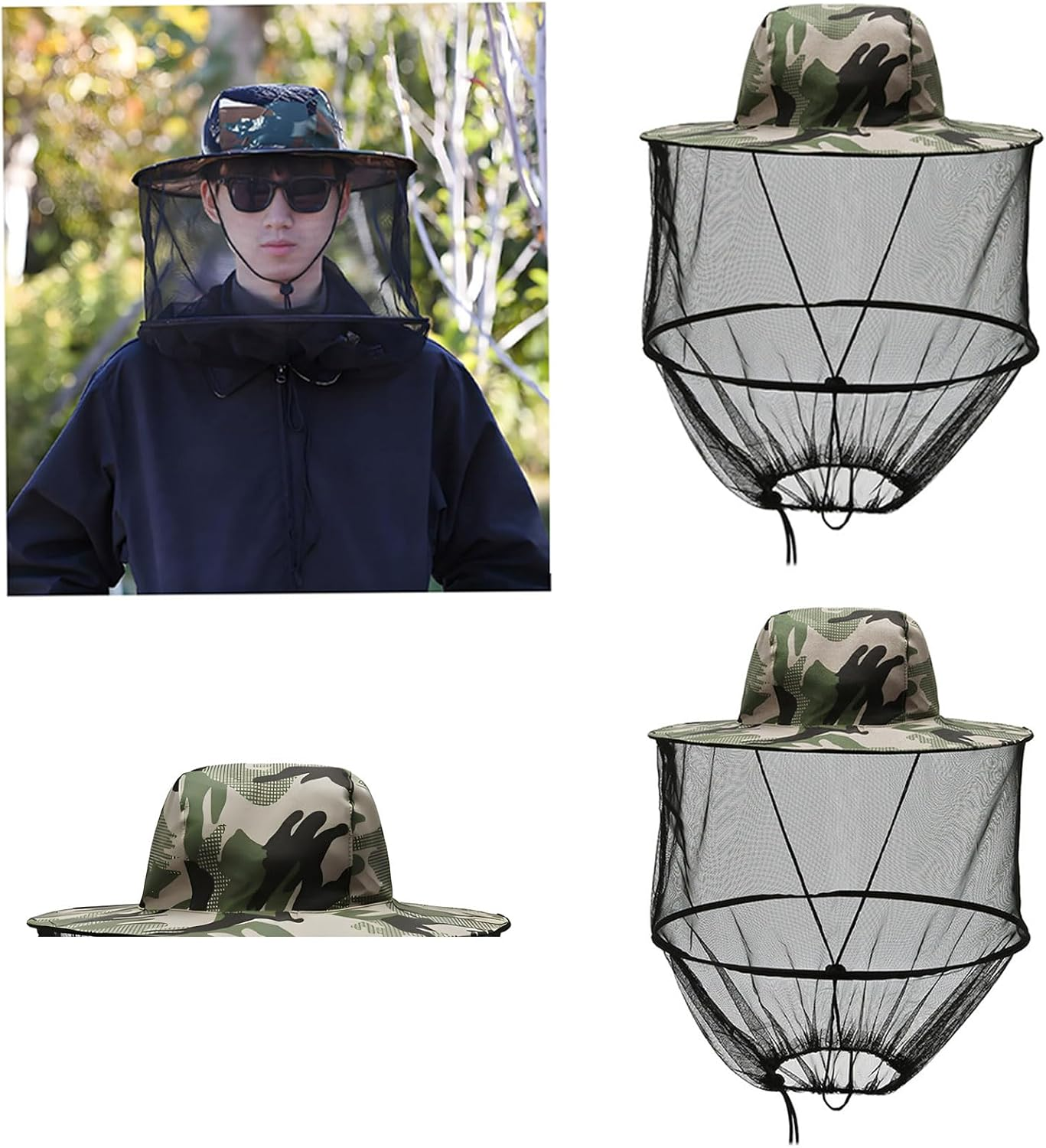 RUIFEN 2 per 19.7 * 14.6 in Outdoor Insect Repellent Bucket Hat, Adjustable and Breathable, Suitable for Fishing, Beekeeping, Hiking, Gardening, Unisex Camouflage image number 2