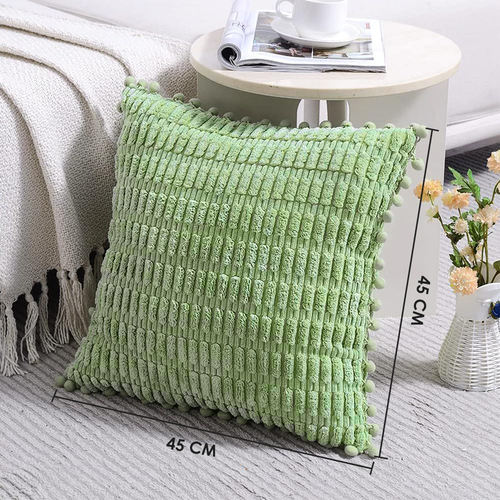 AUTOWT 2 Packs Decorative Throw Pillow Covers - 45 X 45 Cm Outdoor Cushion Cases with Pom-Poms - Boho Home Decor - Square Striped Corduroy Pillowcase for Couch Sofa Bed Bedroom Living Room (Green) - Grey image number 6