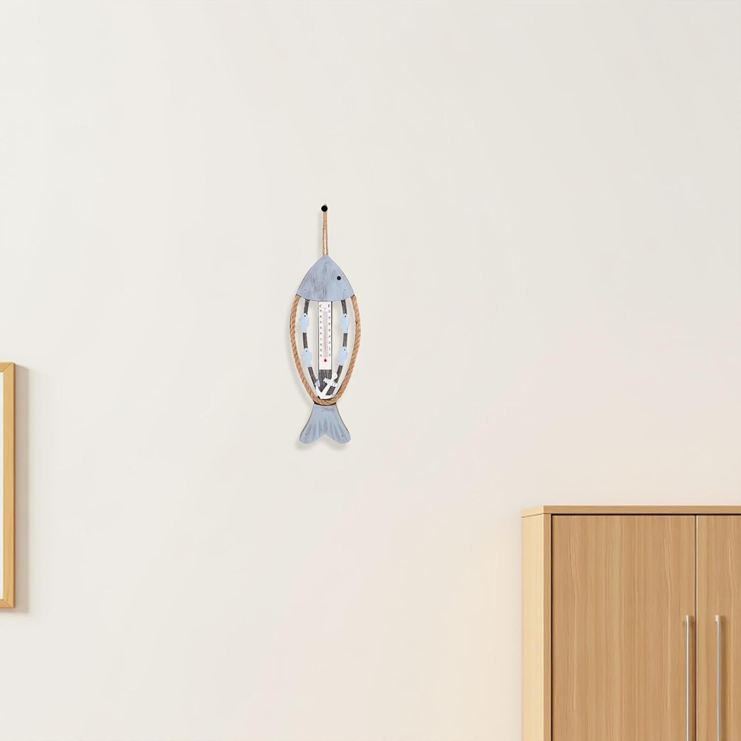 TEHAUX Coastal Wooden Fish Thermometer Wall Art with Easy-Read Temperature Gauge Nautical Fish Bone Design for Patio Garden Living Hotel Lobby Decoration image number 3