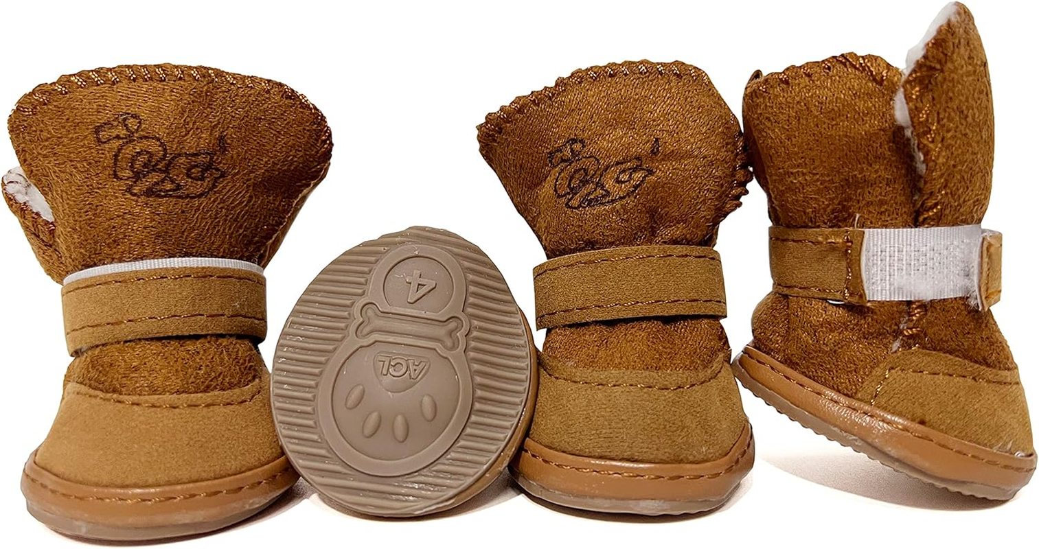 Dog Boots 4-Pack, Anti-Slip Paw Protectors for Small Dogs, Chihuahua Yorkie Pomeranian Winter Snow Shoes with Rugged Sole (Brown, Size4)
