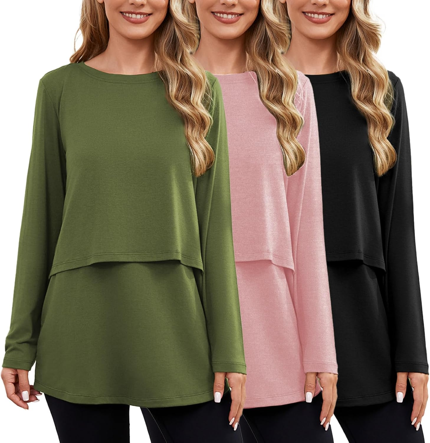 Ecavus Women'S 3Pack Maternity Nursing Shirts Long Sleeve Double Layer Breastfeeding Shirts Comfy Pregnancy Clothes image number 5