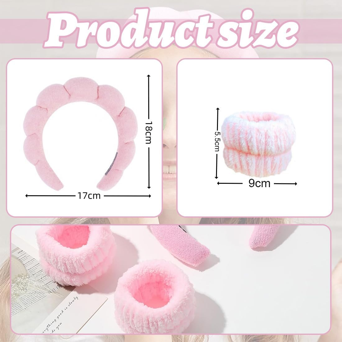 JRYXDS Spa Headband for Washing Face Wristband Set Soft Sponge Skin Care Headband Hair Accessories for Washing Face Make up Remover Shower Skin Care (Pink)