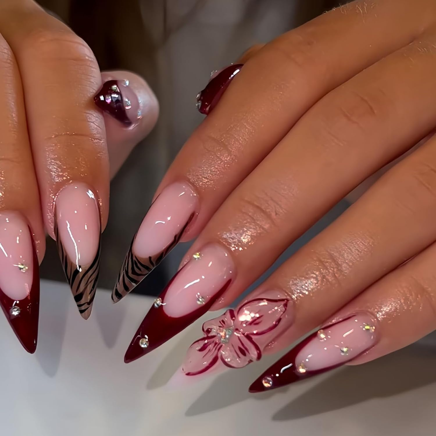 24Pcs Long Press on Nails Stiletto French Brown Pink Flowers Handmade False Nails with Leopard Print image number 2