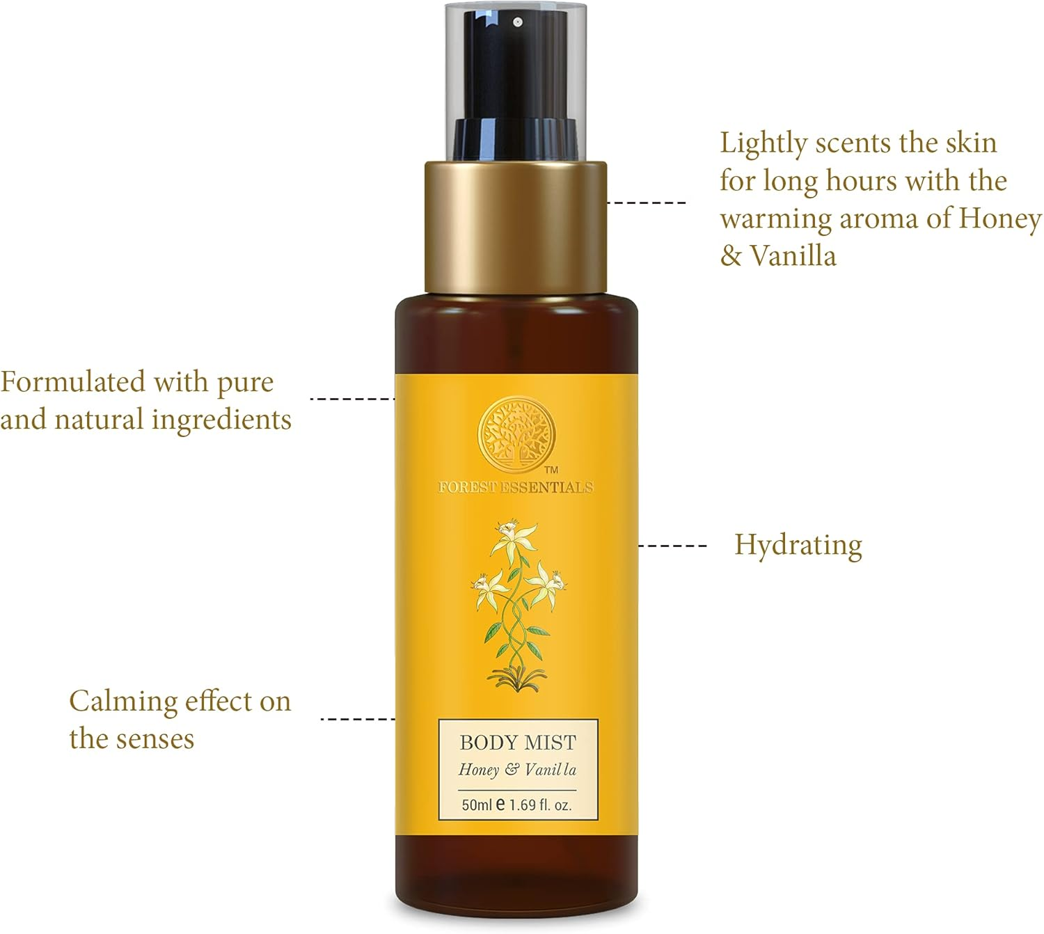 Forest Essentials Travel Size Body Mist Honey & Vanilla | Natural & Hydrating Body Spray for Men & Women | Luxury Floral and Oriental Fragrance | 50 Ml image number 6