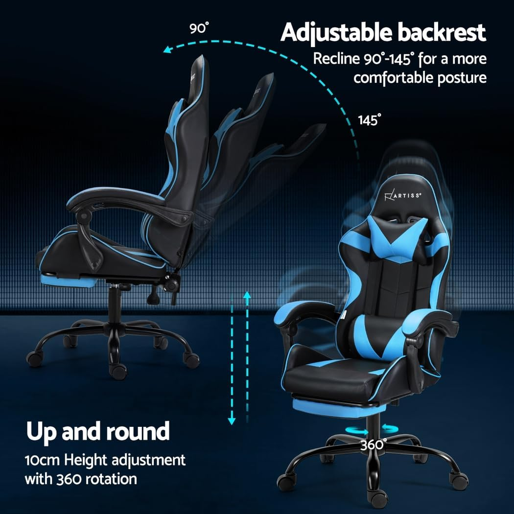 Artiss Massage Gaming Chair, PU Leather 2 Point Ergonomic Office Computer Desk Recliner Chairs Armchair for Room Executive Home, with Retracted Padded Footrest 360&deg; Rotatable Height Adjustment Blue - Blue image number 6