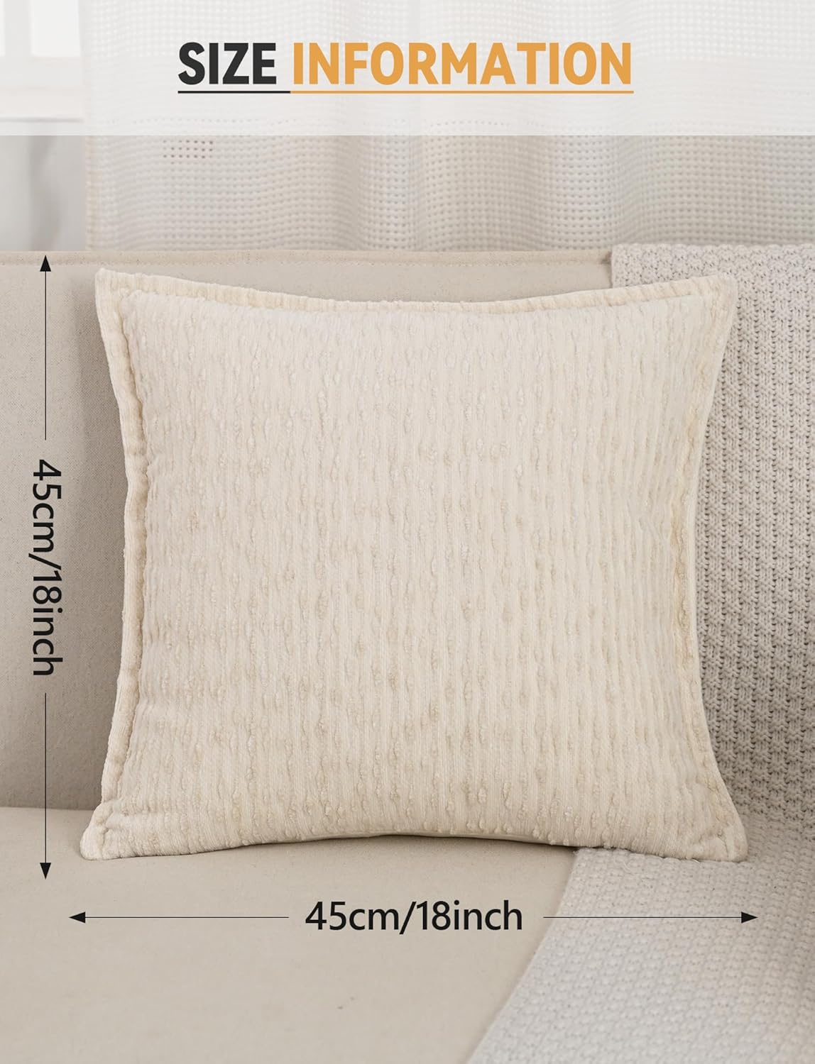 Chenille Jacquard Pillow Cover 45X45Cm Set of 2- Soft Textured Decorative Cushion Case Boho Striped Pillowcase for Sofa Bed Living Room, Beige image number 3