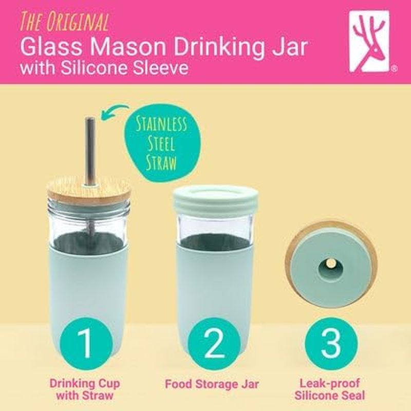 Elk and Friends 24Oz Glass Mason Jar &ndash; Pack of 4 | Bamboo Straw Lids + Stainless Steel Straws | Smoothie + Iced Coffee + Bubble Tea Cups | Glass Cups with Lids and Straws | Dishwasher Safe image number 3