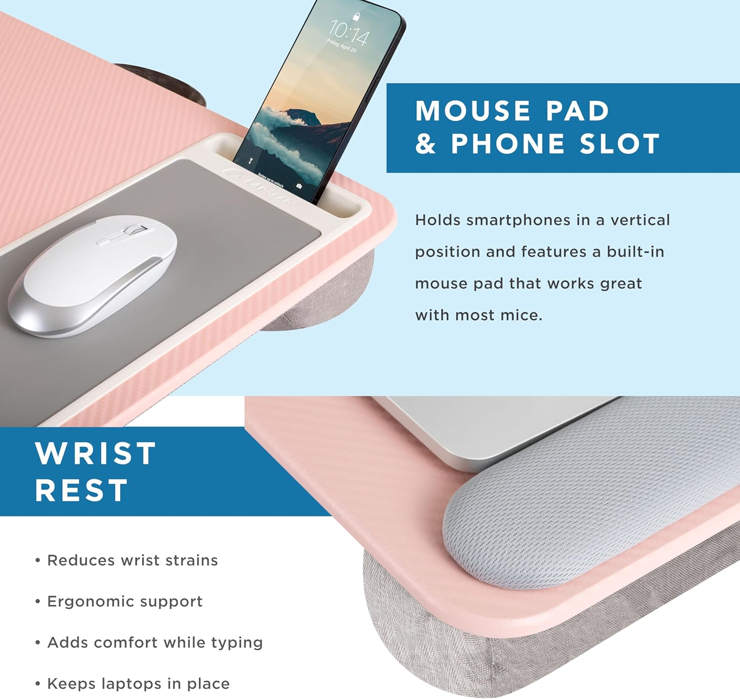 LAPGEAR Home Office Pro Lap Desk with Wrist Rest, Mouse Pad, and Phone Holder - Pink - Fits up to 15.6 Inch Laptops - Style No. 91604 image number 4