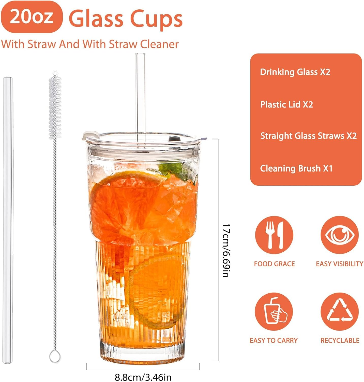 600Ml Glass Drinking Cups with Lids and Straws, Set of 2, Stylish Ribbed Design Drinking Glasses for Iced Coffee, Cold Beverages (2) image number 6