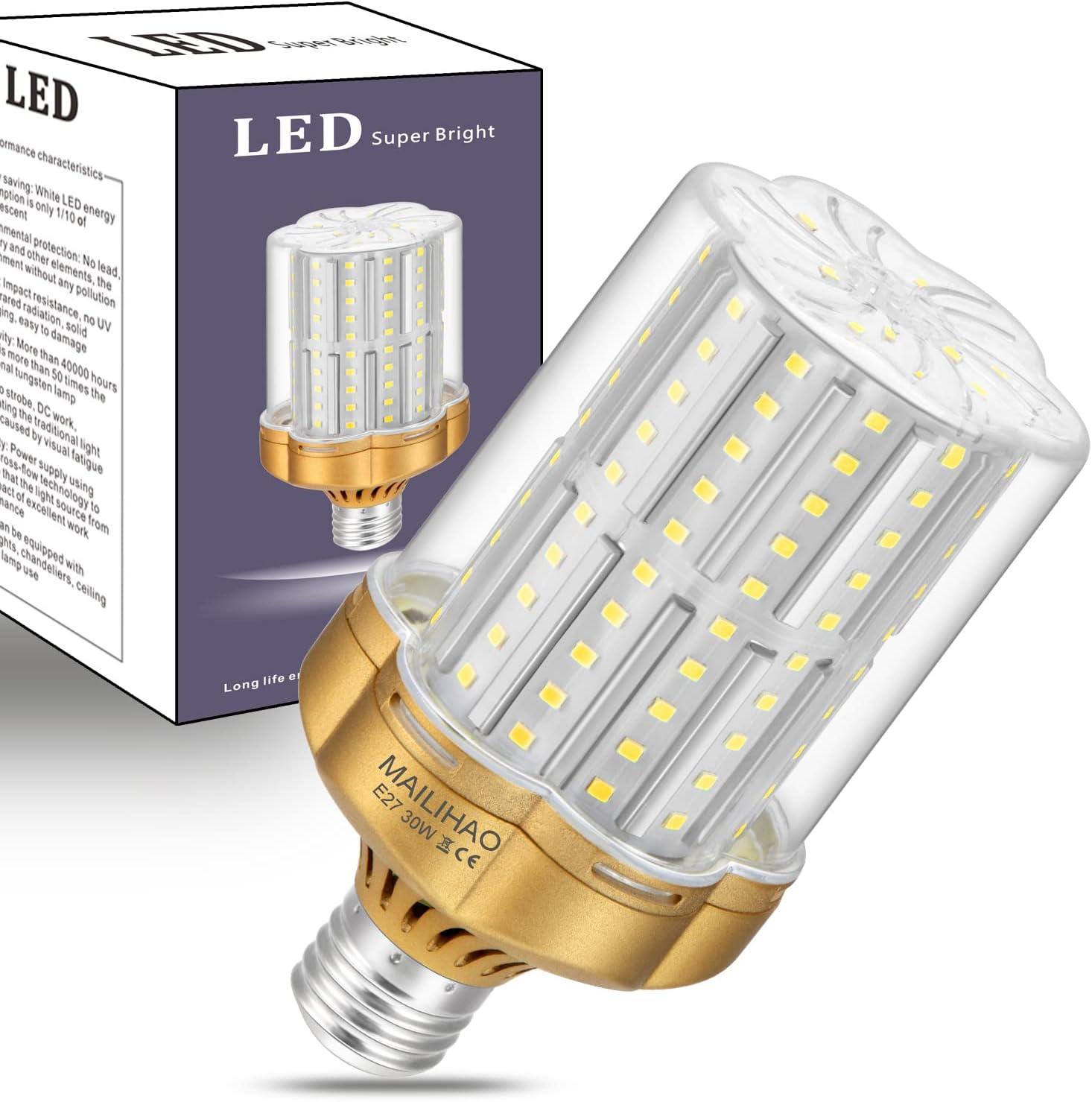 MAILIHAO 1 Pack E27 LED Corn Bulb, 25W Cool White 6000K, 2500LM, 200W Incandescent Bulb Equivalent, 360 Angle, Edison Screw Bulbs, Non-Dimmable