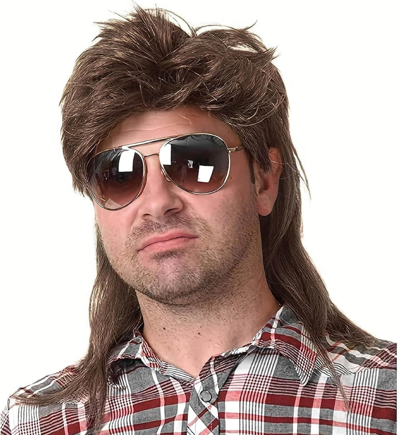 QUEENTAS Mullet Wigs for Men Brown 80S Costumes Adult Funny Wig Fancy Party Accessory Cosplay Pop Rock Hair image number 1