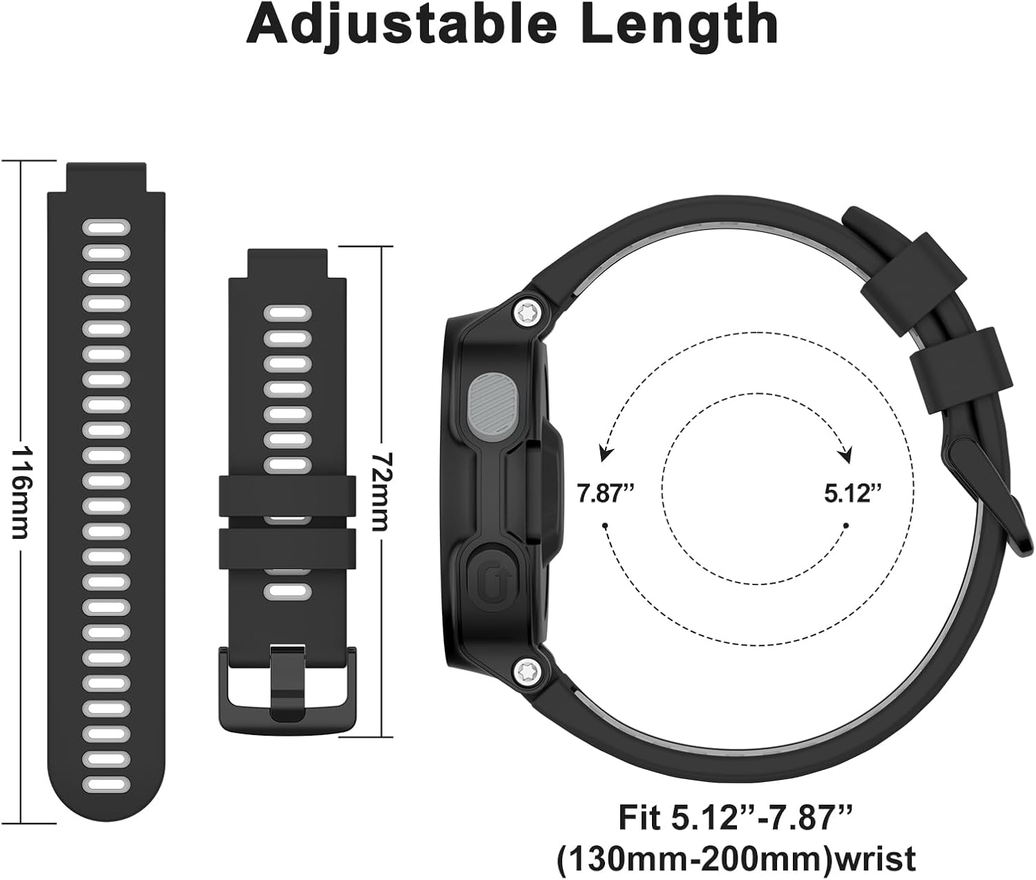 Silicone Band for Garmin Forerunner 735XT Band/Forerunner 220 230 235 630 620, Adjustable Sport Replacement Straps Watch Bands Men Women for Garmin Approach S5 S6 S20 - Black /Gray image number 6