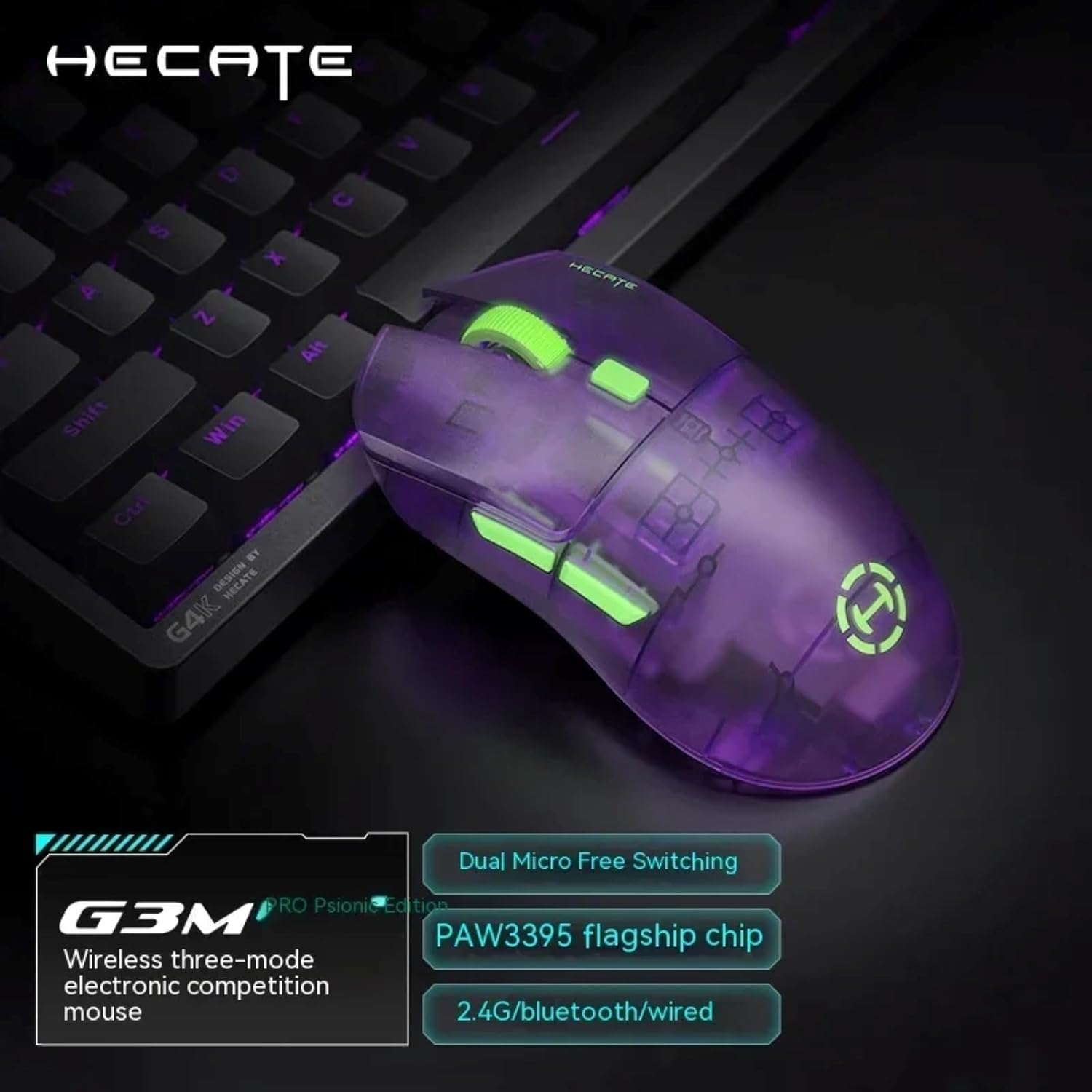 Edifier G3M PRO Wireless Gaming Mouse, Tri-Mode 2.4G/Usb-C/Bluetooth/26000 DPI, Rechargeable Computer Mouse for Laptop PC Mac, Transparent Green - Green image number 3