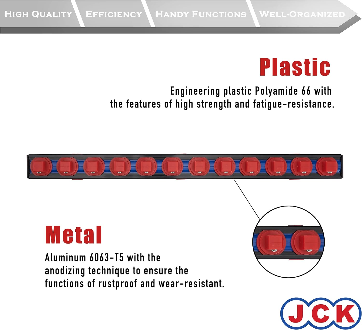 JCK Professional Quality Aluminum Single Rail Socket Organizer (Line-Strip Series) with 360 Degree Rotary Studs Black & Orange & Blue for Metric/Imperial 1/2" Sockets Storage image number 2