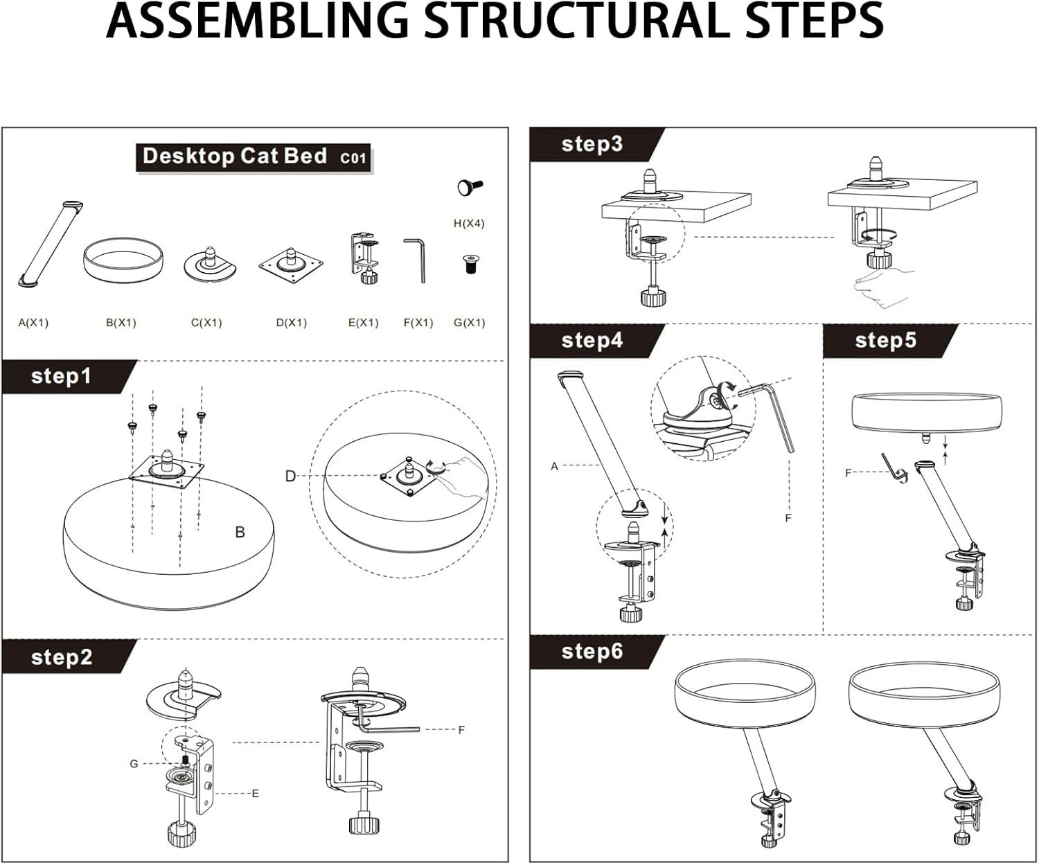 Cat Desk Bed - 360&deg; Rotating & Adjustable, Cat Hammock for Home Office，Comfortable Soft Pet Nest Bed, Modern Unique Kitten Furniture Attachment，Bracket Pet Furniture Light Gray White Stand