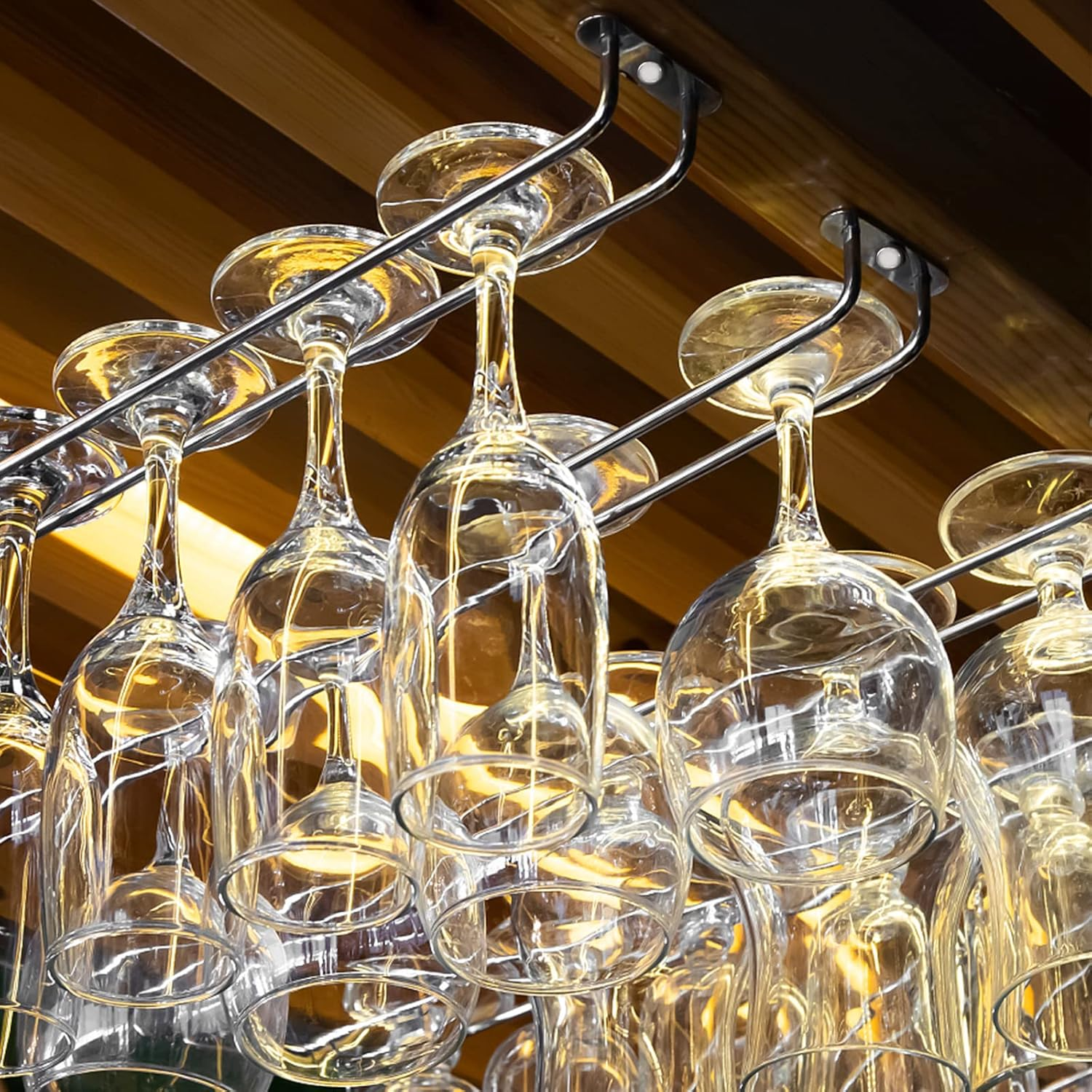 Wine Glass Rack under Cabinet: Stemware Wine Glass Holder Glasses Storage Hanger 2 Pack Single Rail under Shelf Metal Organizer for Bar Kitchen Hanging Glass Goblets Storage Rack Organizer (35 Cm) image number 5