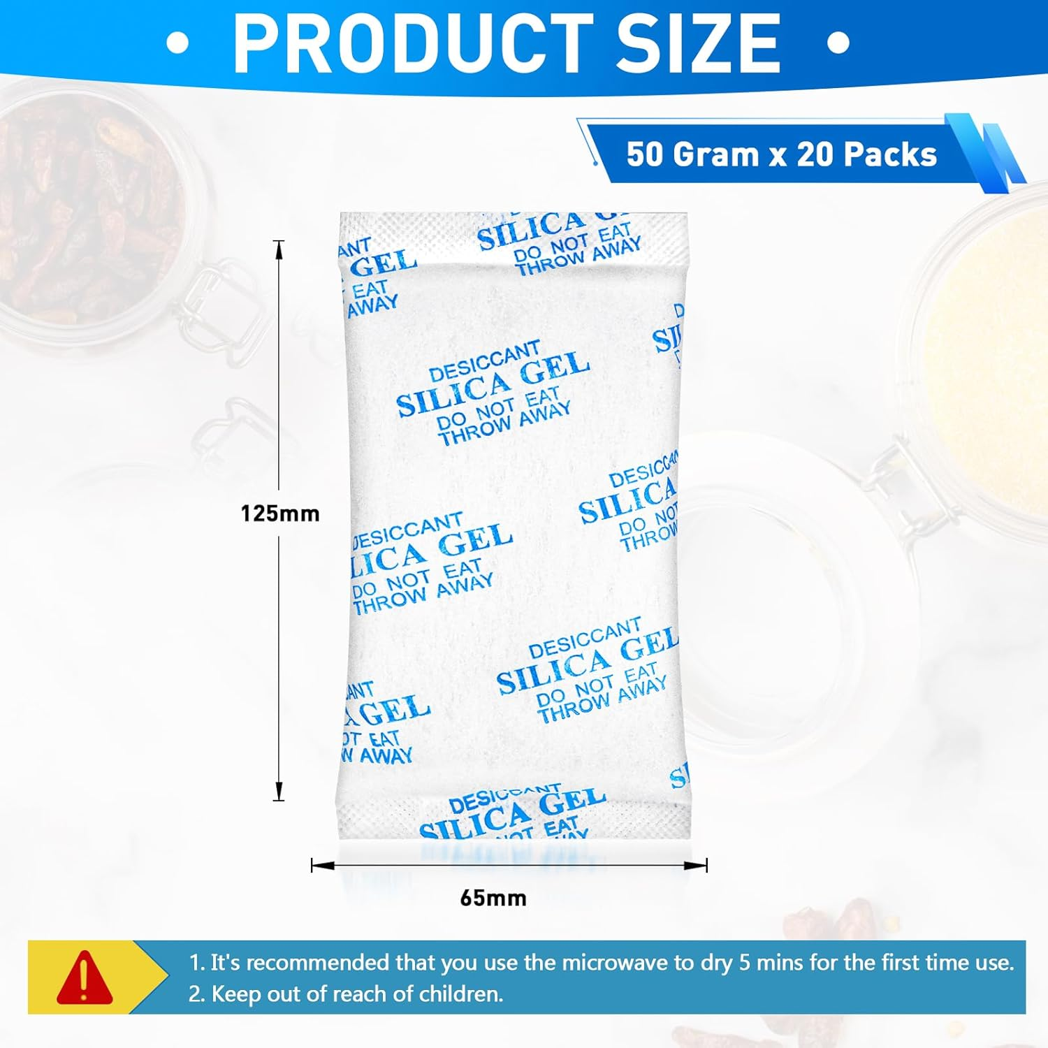 Yeather 50 Gram [20 Packets] Silica Gel Packets - Reusable Desiccant Moisture Absorbers Dehumidifiers of Basement Moisture Absorbers, Electronics Storage (Food Safe)