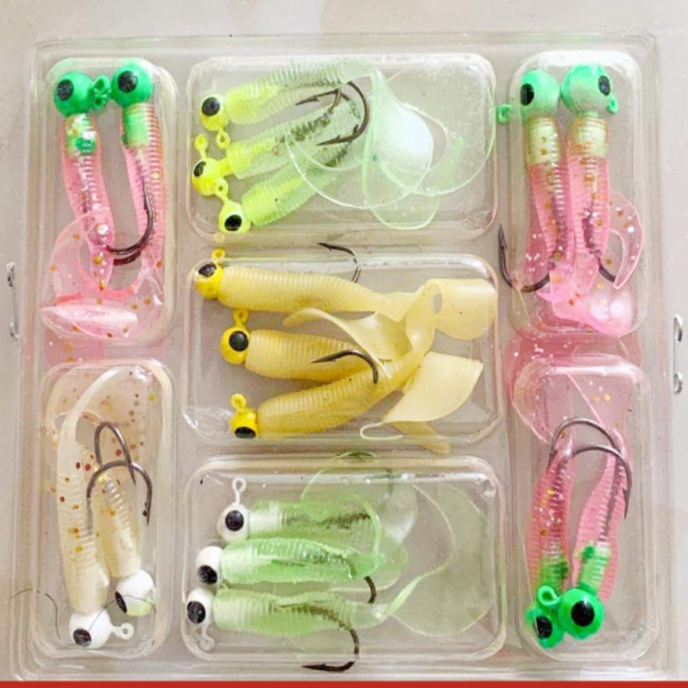 17Pcs Soft Fishing Lures Grub Worm Soft Fishing Baits with Jig Head Hooks Artificial Lures Fishing Supplies for Catfish Perch Pike image number 4