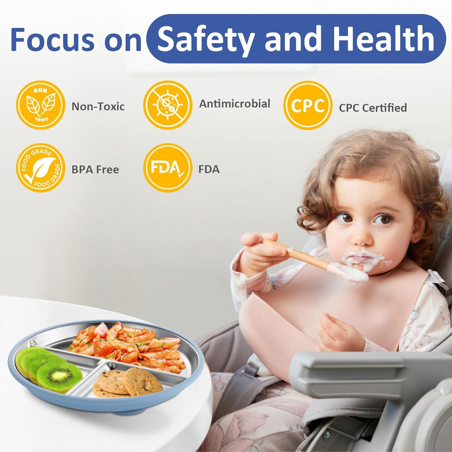 Stainless Steel Baby Plate with Suction, 9&rdquo; Divided Toddler Plates with Removable Silicone Sleeves for Kids, Non-Toxic Non-Slip Unbreakable Dishwasher Safe Dinnerware(Blue & Gray & Beige-9In) image number 4