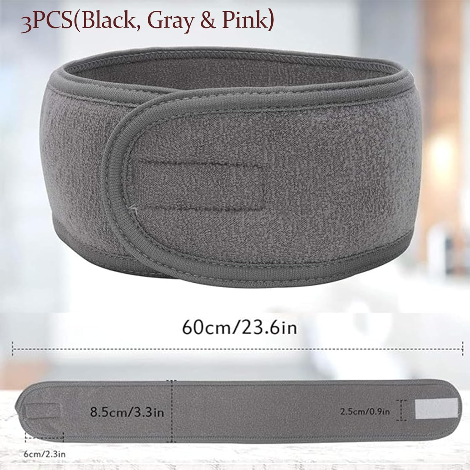 Yeanifeana 3 Pack Spa Headbands, Adjustable Soft Terry Cloth Head Wrap for Face Washing, Makeup, Shower, Facial & Yoga, Non-Slip Comfort Fit (Black, Pink, Gray) image number 5