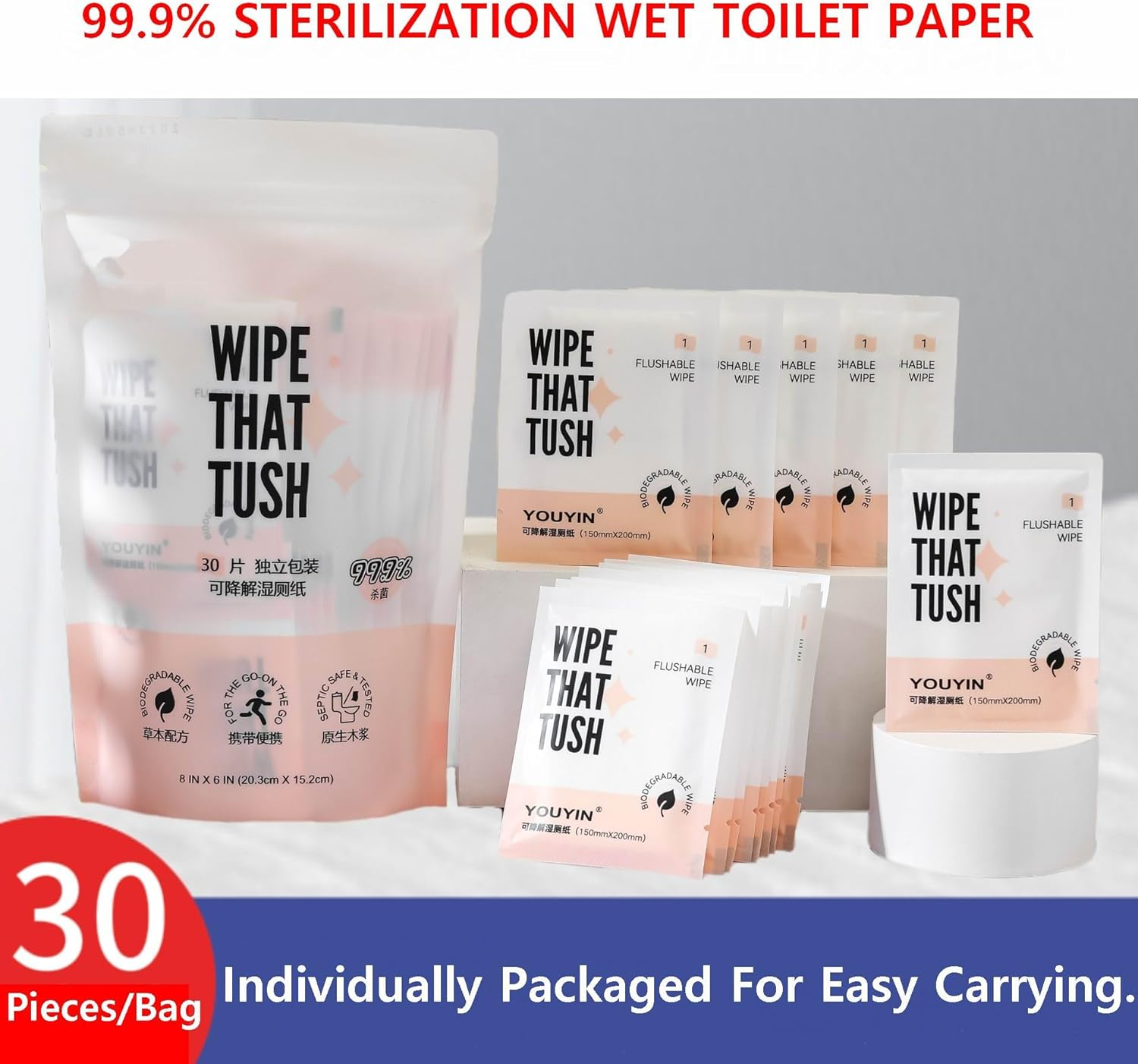 Travel Essentials Flushable Wipes &ndash; 30 Individually Wrapped Extra-Large Aloe-Infused, Hypoallergenic & Unscented, Septic & Sewer Safe (Travel Pack)