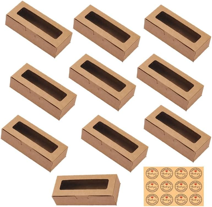 Kraft Bakery Boxes - 10 Small Pastry Treat Boxes with Window, Gift Packaging for Cookies, Pastries, Mini Cakes, Donut, Pie Slice, Stickers Included (Brown)