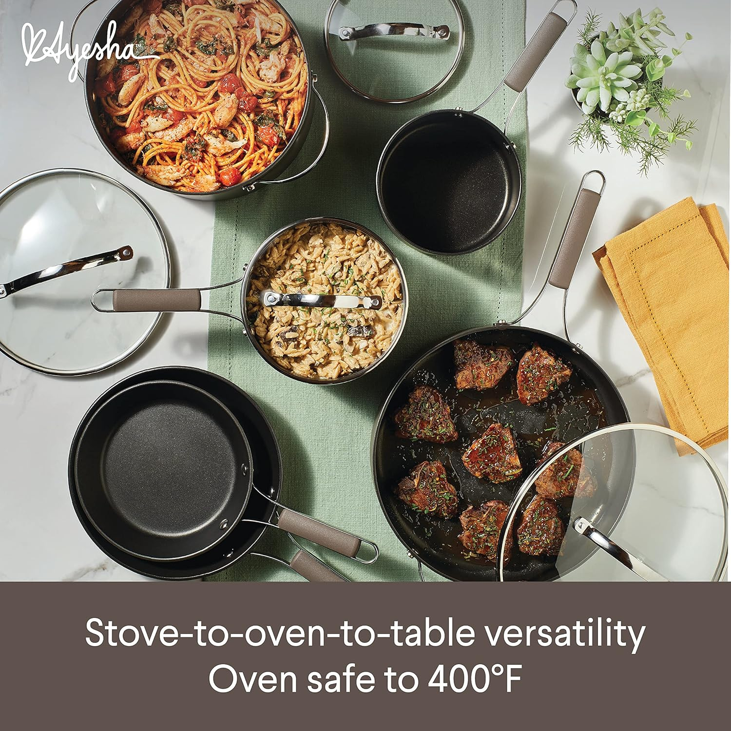 Ayesha Curry Kitchenware Professional Hard Anodized Nonstick Cookware Pots and Pans Set, 10 Piece, Charcoal image number 2