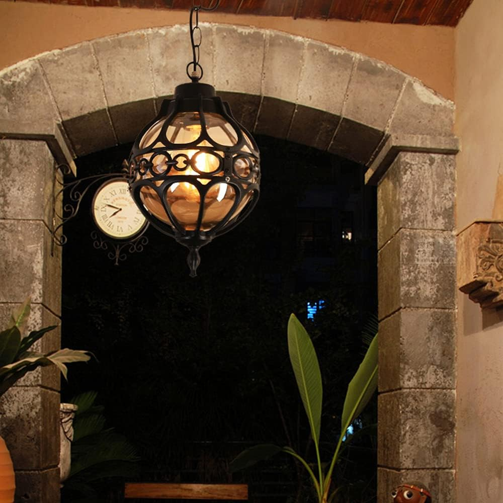 Vintage Outdoor Pendant Light, Metal Globe, 27Cm Height, 60Cm Chain, Waterproofe27,No Light Bulbs Included (Black) image number 5
