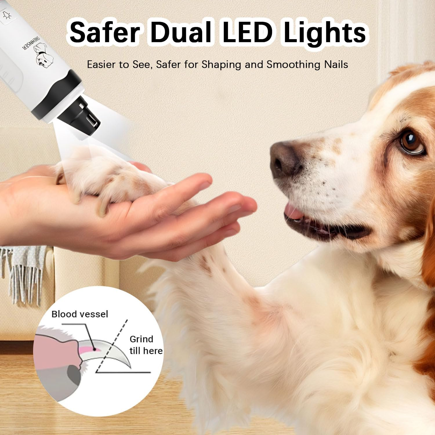 Bemuiz Dog Nail Grinder with Dog Nail Trimmers, 3 Pcs Dog Nail Clippers Kit for Large Medium Small Dogs & Cats, Quiet Electric 2-Speed USB Rechargeable Pet Nail Grinder with Light, Gifts for Dog Lovers image number 6