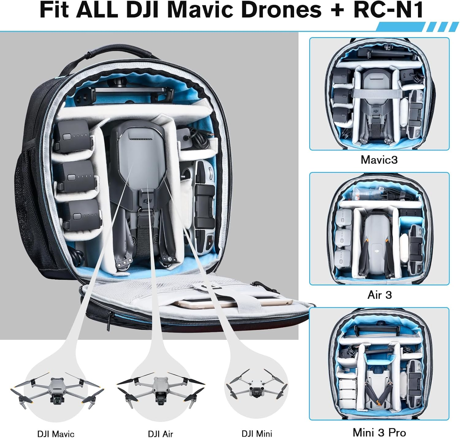 Lykus M1 Travel Backpack Case for DJI Mini 4 Pro, Mavic 3 Classic, Air 3, Mini 3 Pro with RC-N1/RC-N2 Remote Controller image number 5