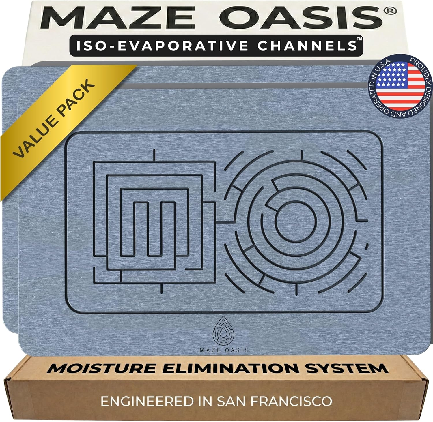 MAZE OASIS Stone Bath Mat Set (2 Pack) [Bath & Kitchen System] &ndash; Diatomaceous Earth Bathroom Mat & Stone Drying Mat for Kitchen Counter &ndash; Non Slip, Engraved Airflow &ndash; Serenity Ash image number 2