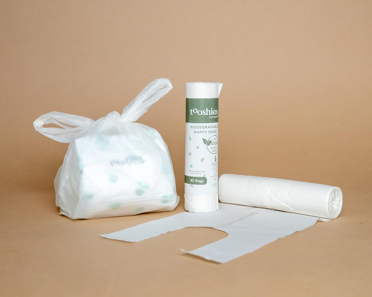 Tooshies Eco Nappies Size 2 Infant, 96 Count, White, 3.24 Kilograms + Tooshies Aloe Vera & Chamomile Eco Wipes, Pack of 1120 (16X70 Packs) + Tooshies Biodegradable Nappy Bags 40Pk, Green