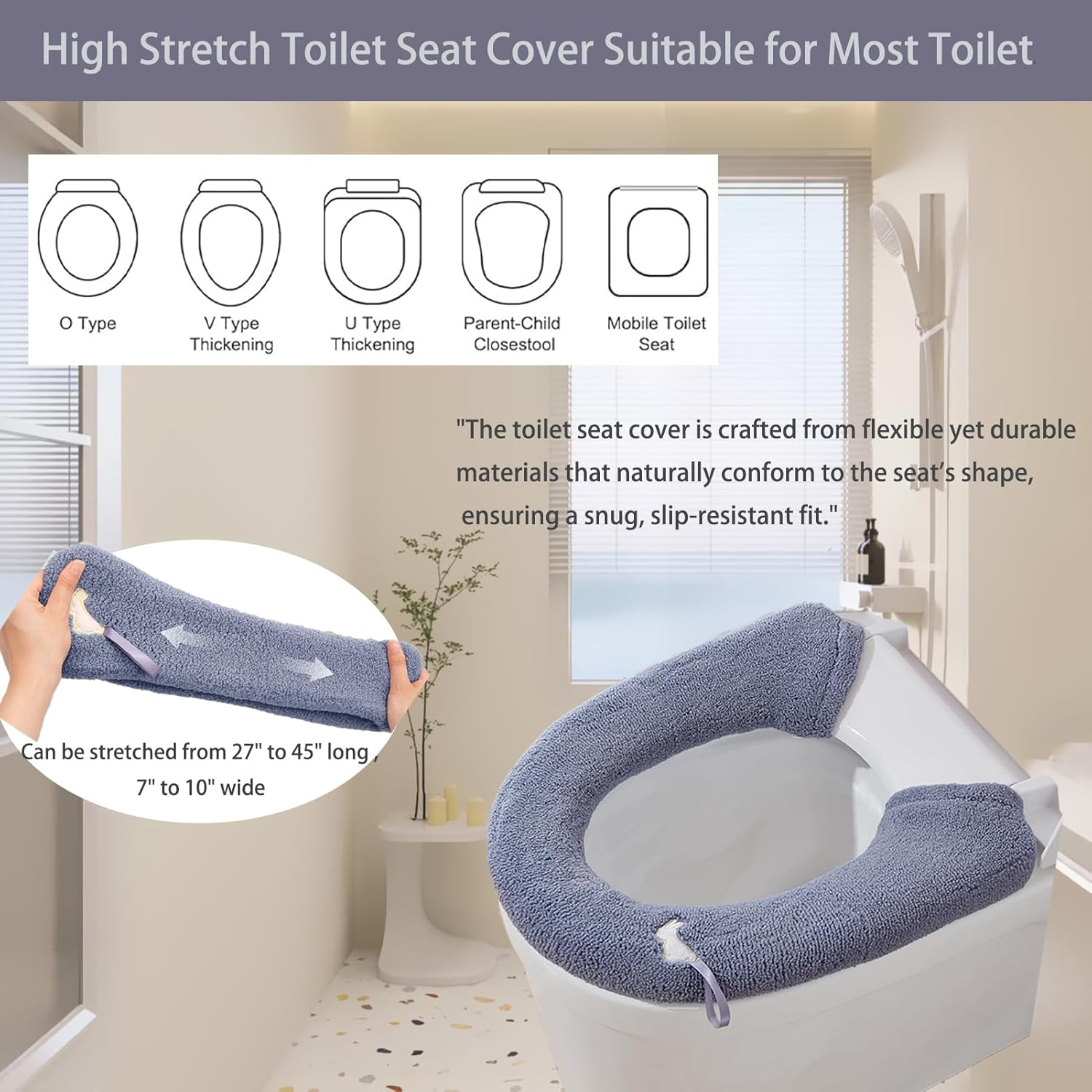 Toilet Seat Covers-3 Pieces Warmer Toilet Seat Cover with Snap-Button Fastening,Stretchable Fits for All Shape Toilet Seats,Easy Installation Washable and Reusable image number 1