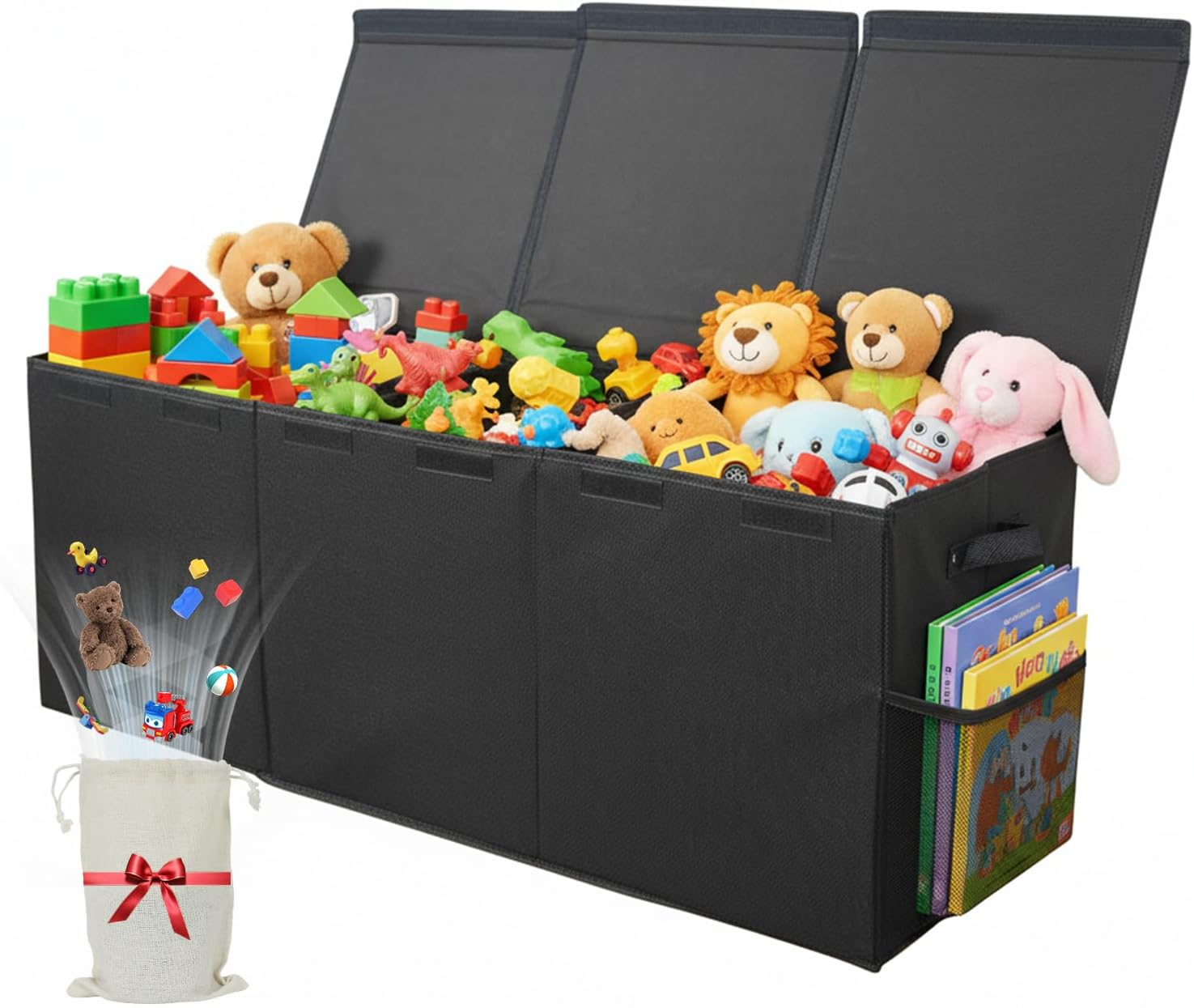 LIWEGHT Large Storage Box with Lid Collapsible Sturdy Baby Storage Rganizer Chest Bins Basket with Divider for Kids,Nursery,Bedroom,Boys, Girls,Playroom,63.5X33X40.6Cm(Beige&White)